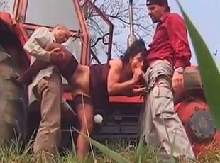 Cougar banged by 2 guys on a tractor