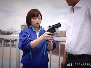 Ayumi Kimino gives hand to a guy in hardcore reality action