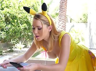 Sweet blondie in fancy yellow suit Raylin Ann gets banged in mish pose tough