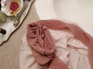 Playing with mother in law panties and pantyhose cum in them