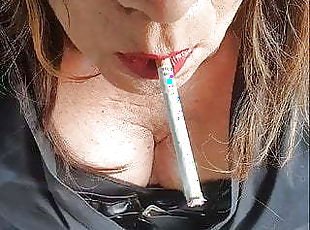 POV smoking shemale close up red lips