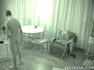 Horny couple caught fucking in the living room