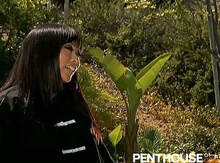 Brunette Asian babe sucking and fucking outdoors.