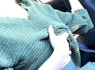 Petite wife masturbates on the side of a busy street and in the car