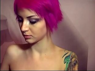 Purple short hair tattoo webcam dildo