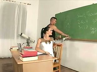 Horny brunette teacher gets the janitor to lick her pussy