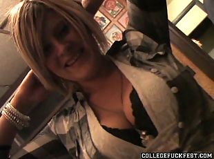 Several guys try to seduce sweet blondie but she allows only one gu...