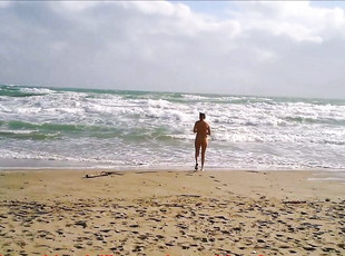 nudista, meando, francés, playa