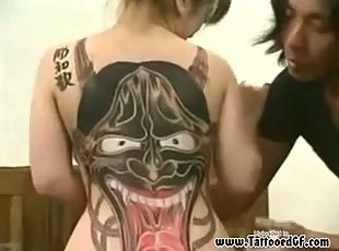 asiático, cuatro-patas, hardcore, japonés, tatuaje, chupando
