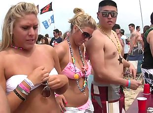 Delightful drunk amateur girls with big tits in bikini getting wild in a party at the beach