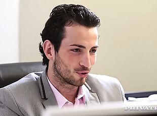 Gorgeous brunette secretary in slutty bodysuit Alexa Tomas sucks two men off in the office