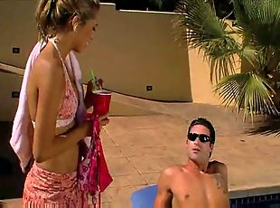 Tanned guy licks wet pussy of his bronze blonde girlfriend near the pool!