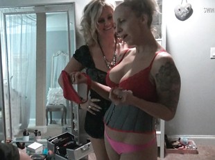 Blonde sluts in sexy lingerie sucking cocks