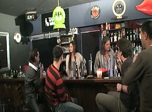 Blonde bitch pounded in a bar by a group of guys